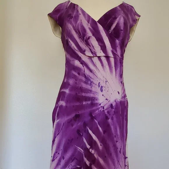 NEW Silk Painted Purple Short short sleeve cocktail Dress bridesmaid party work